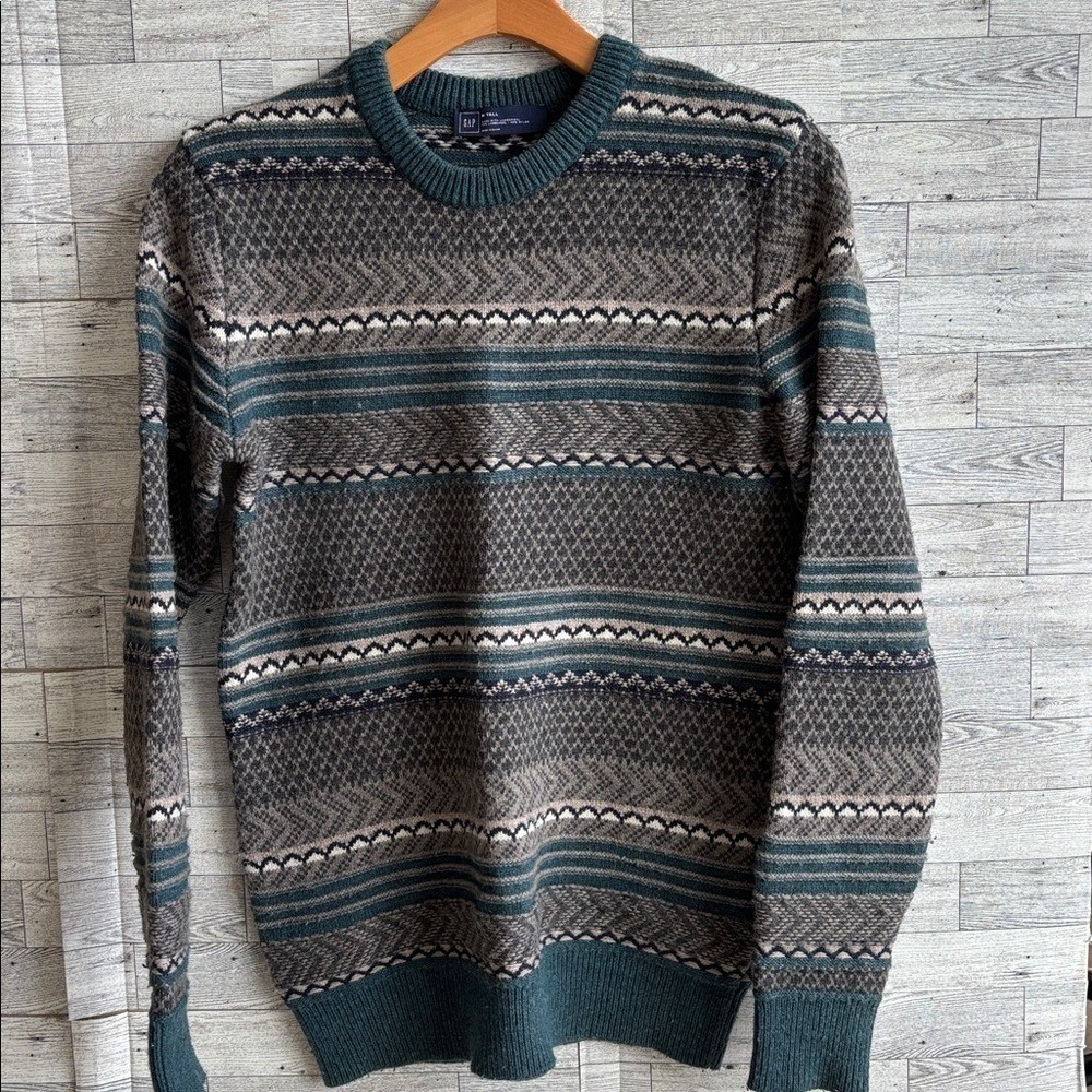 Sweater Lambswool Vintage Gap wool Crewneck Gray Mens‎ Medium Tall Fair Isle Ski